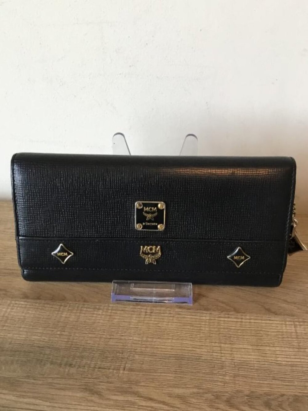 MCM Black Trifold Wallet in Textured Leather w/Gold Hardware and 2 MCM Charms